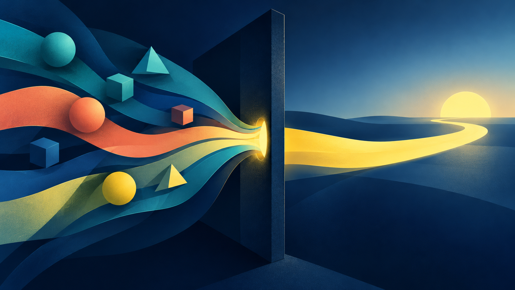 A complex enterprise product flow narrowing at one hidden constraint before opening into a clear path