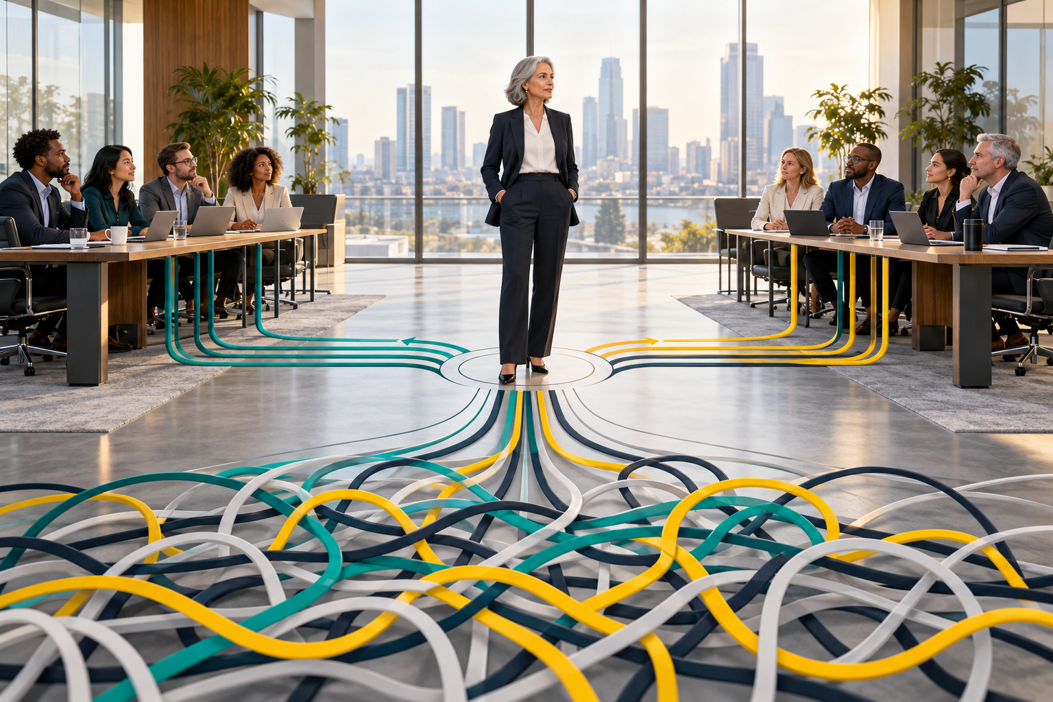 An executive at the centre of converging decision paths while teams wait on either side