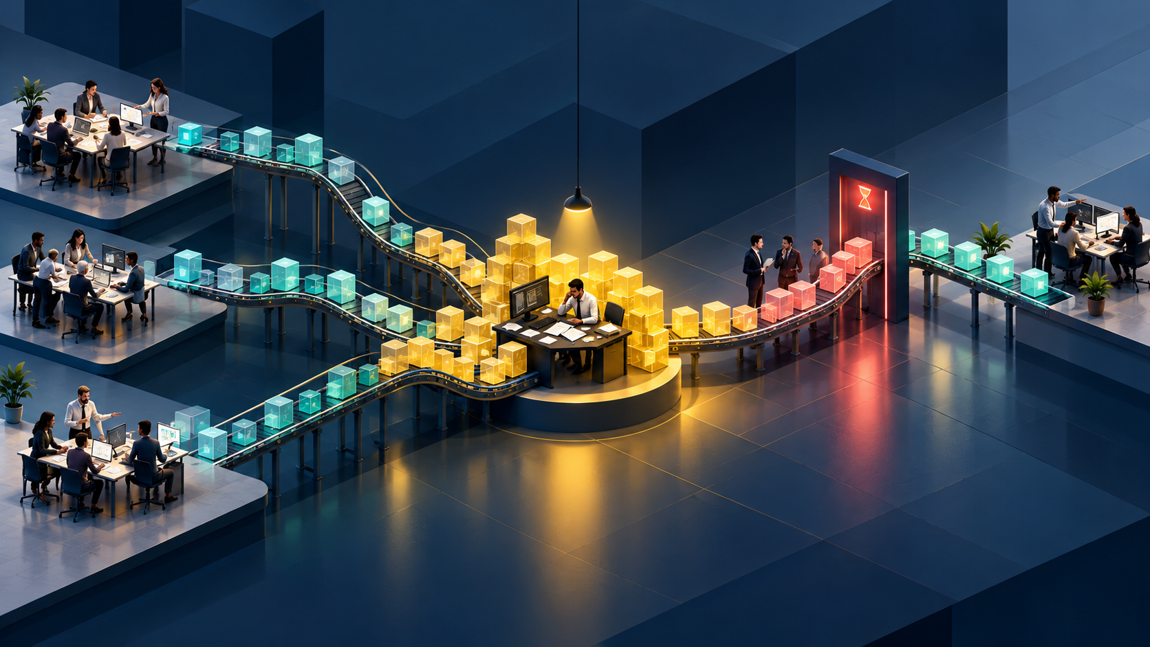 Busy teams separated by queues, handoffs and a delayed decision point in an enterprise workflow